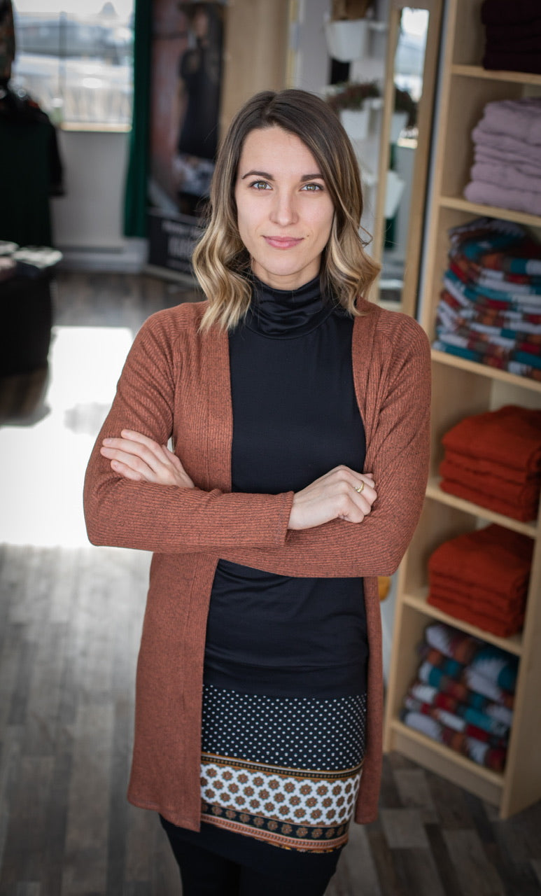 CARDIGAN ROUILLE CHINÉ - Options de Longueur + Poches **En Stock